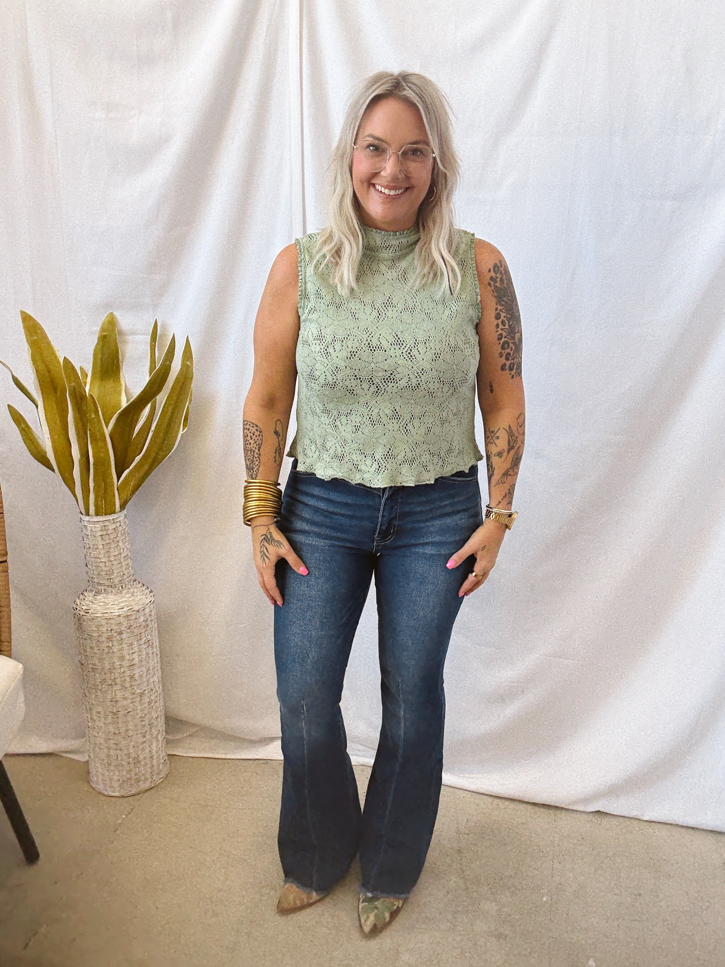 Lace Sheer Tank Top-Sage