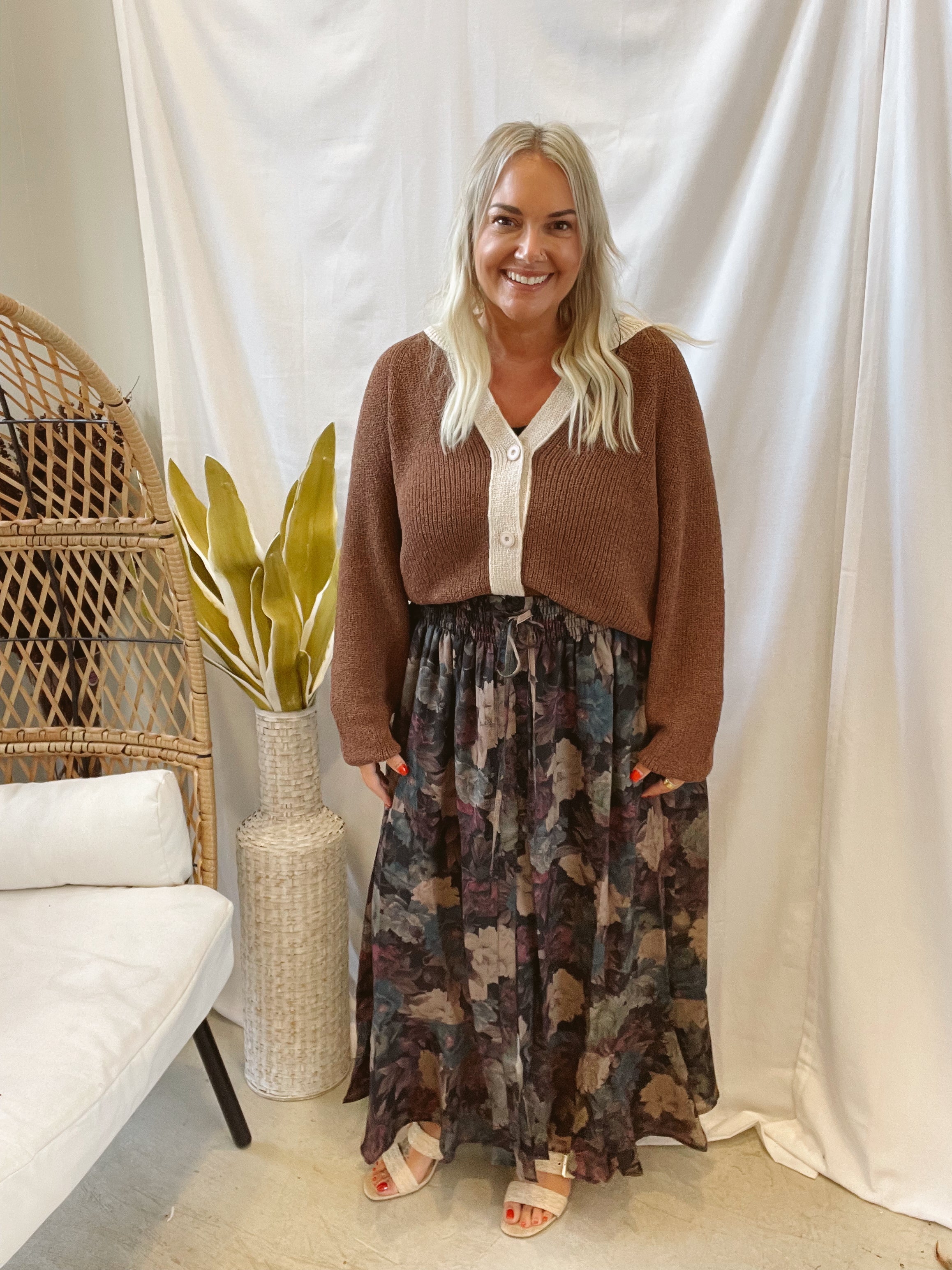 Wine Floral Button Maxi Skirt