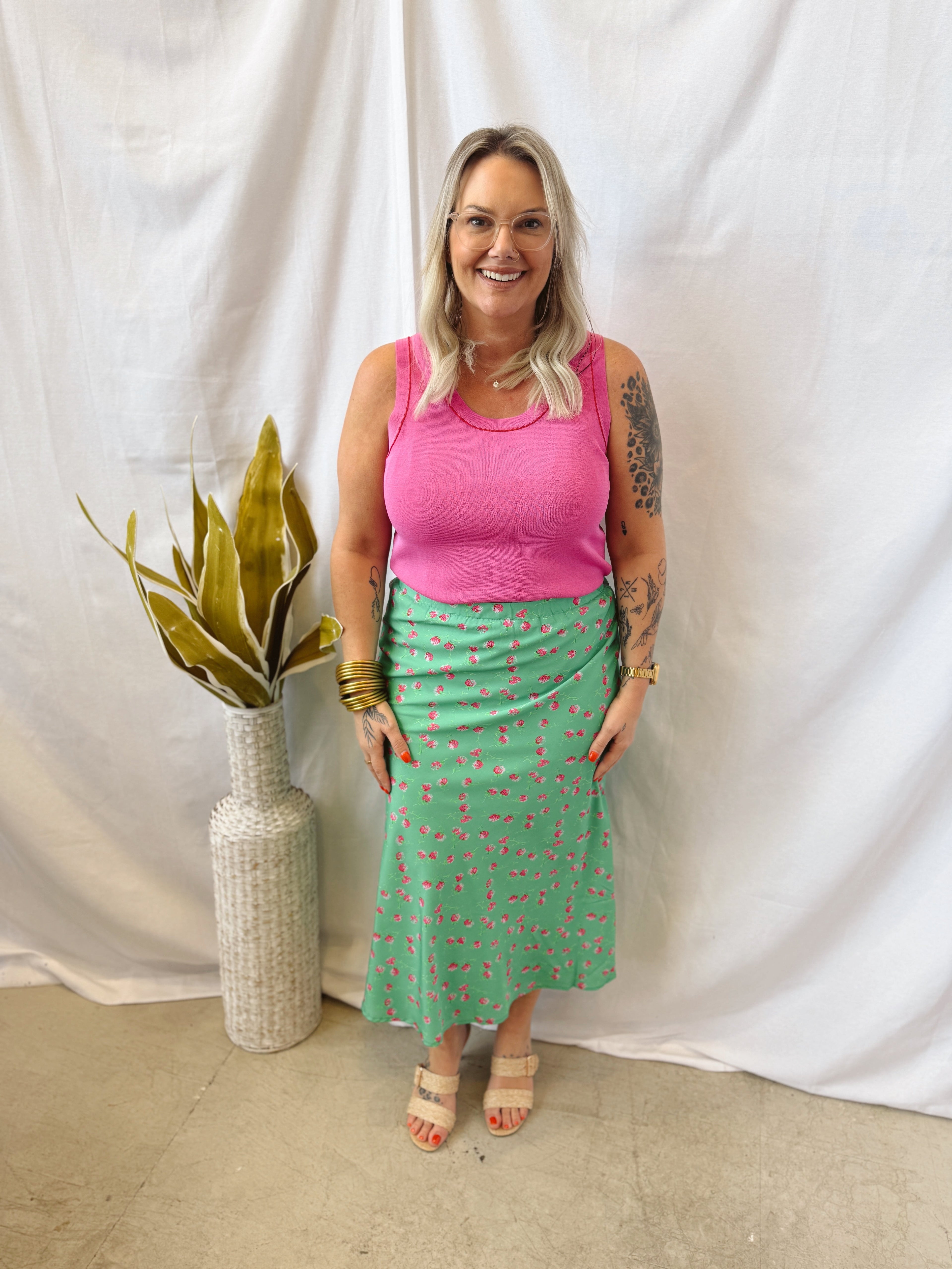 Green and Pink Floral Midi Skirt