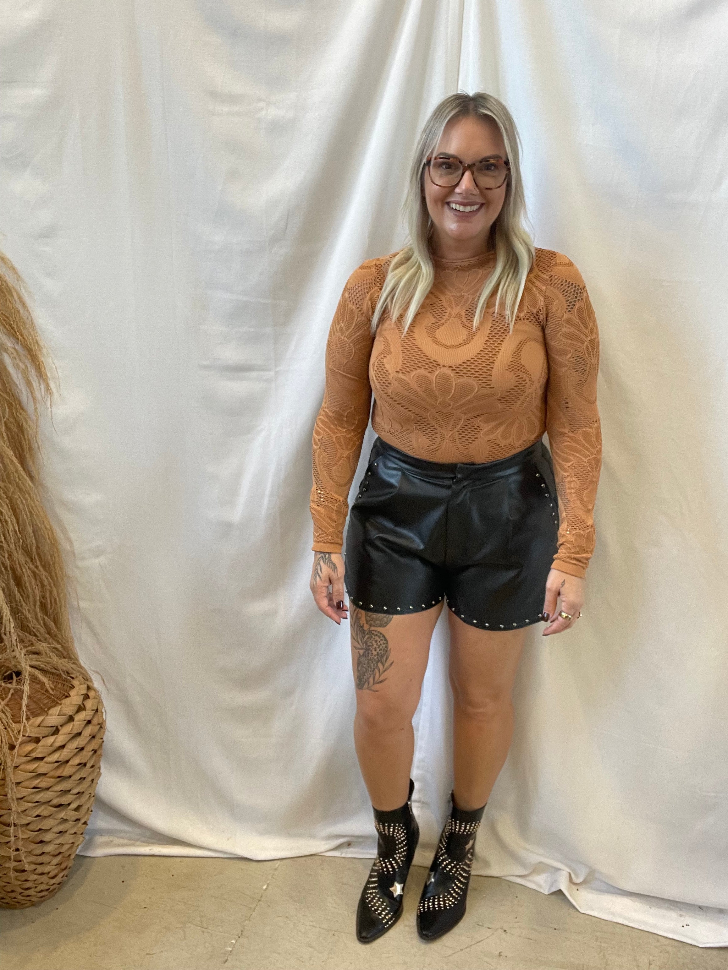 Leather Grommet Detail Shorts-Black