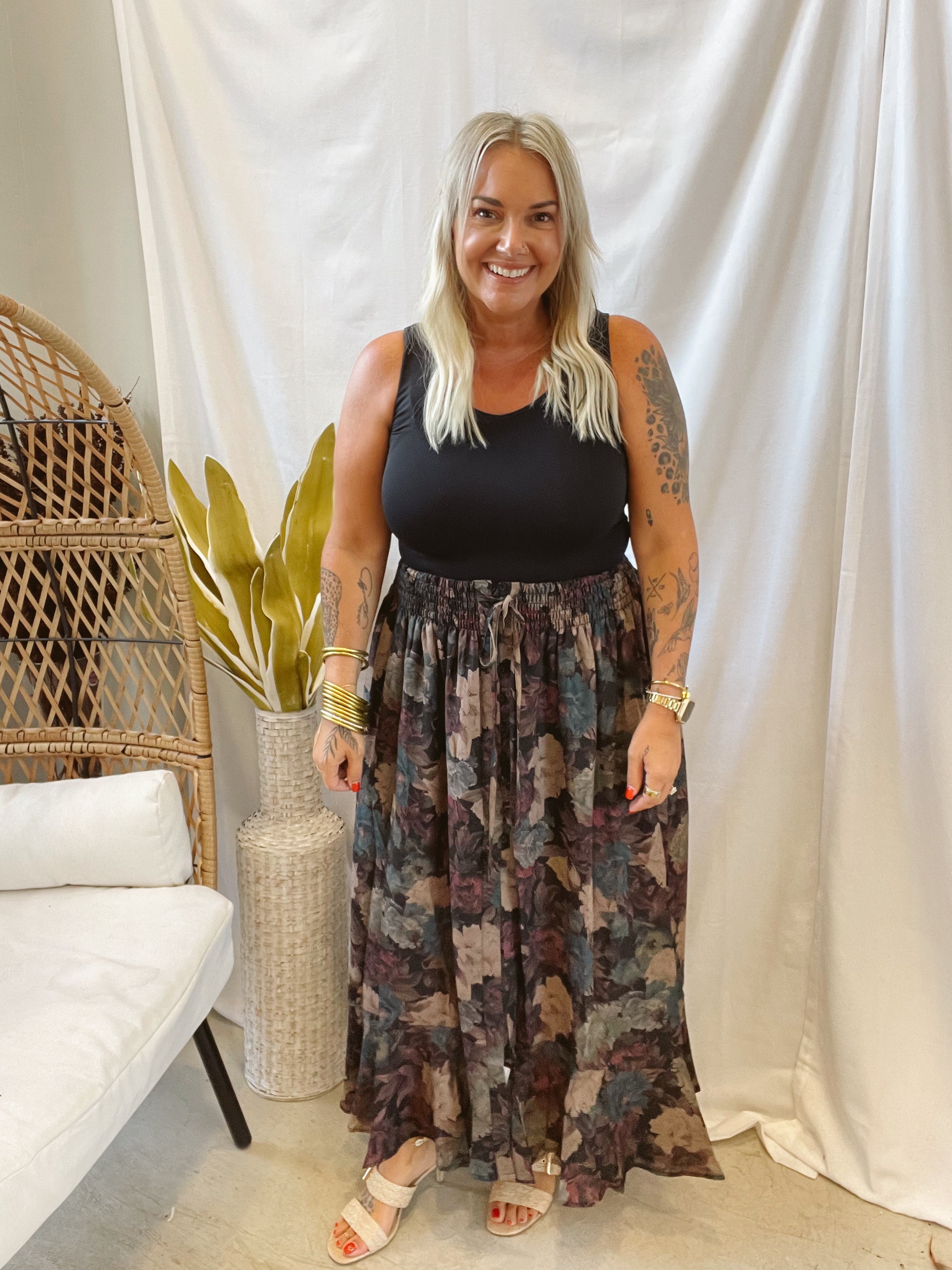 Wine Floral Button Maxi Skirt