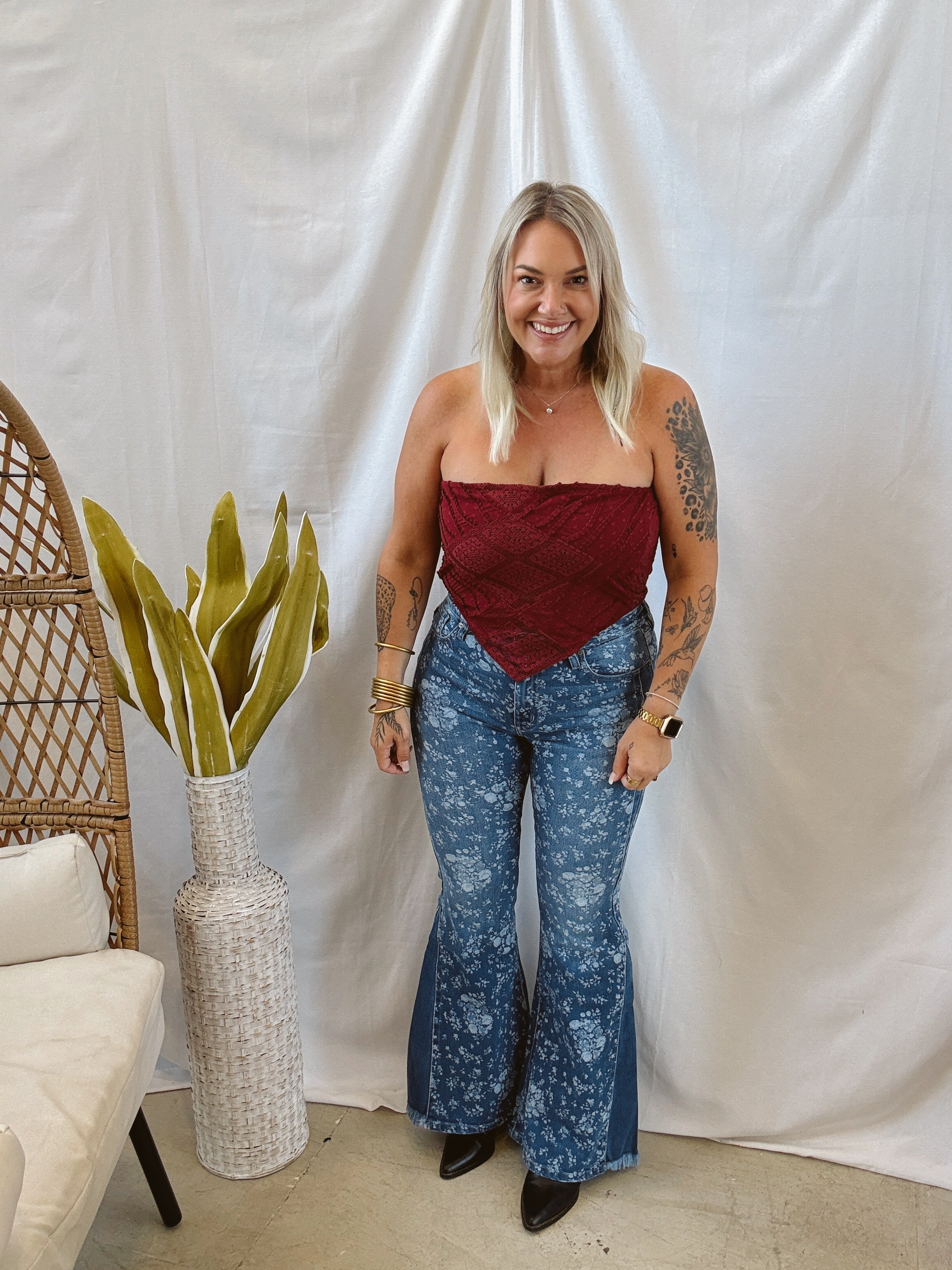 Boho Lace Strapless Top-Wine