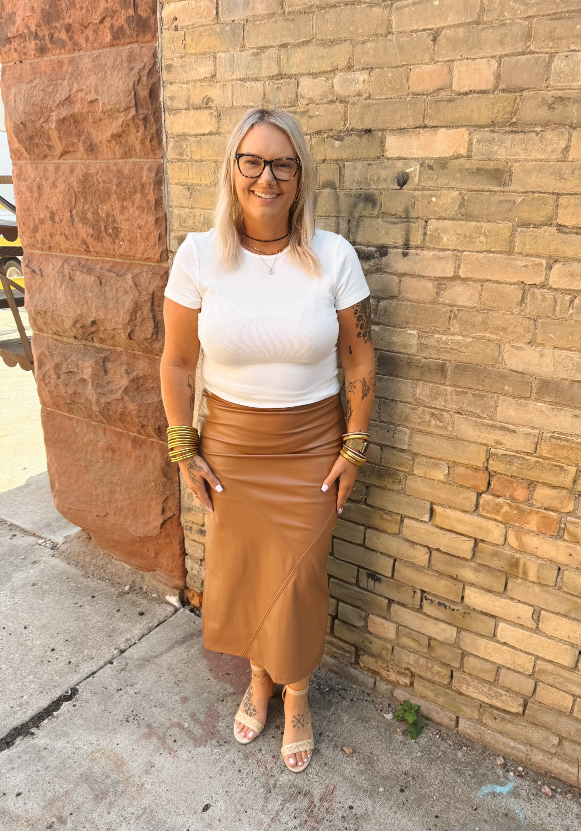 Camel Leather Pencil Skirt