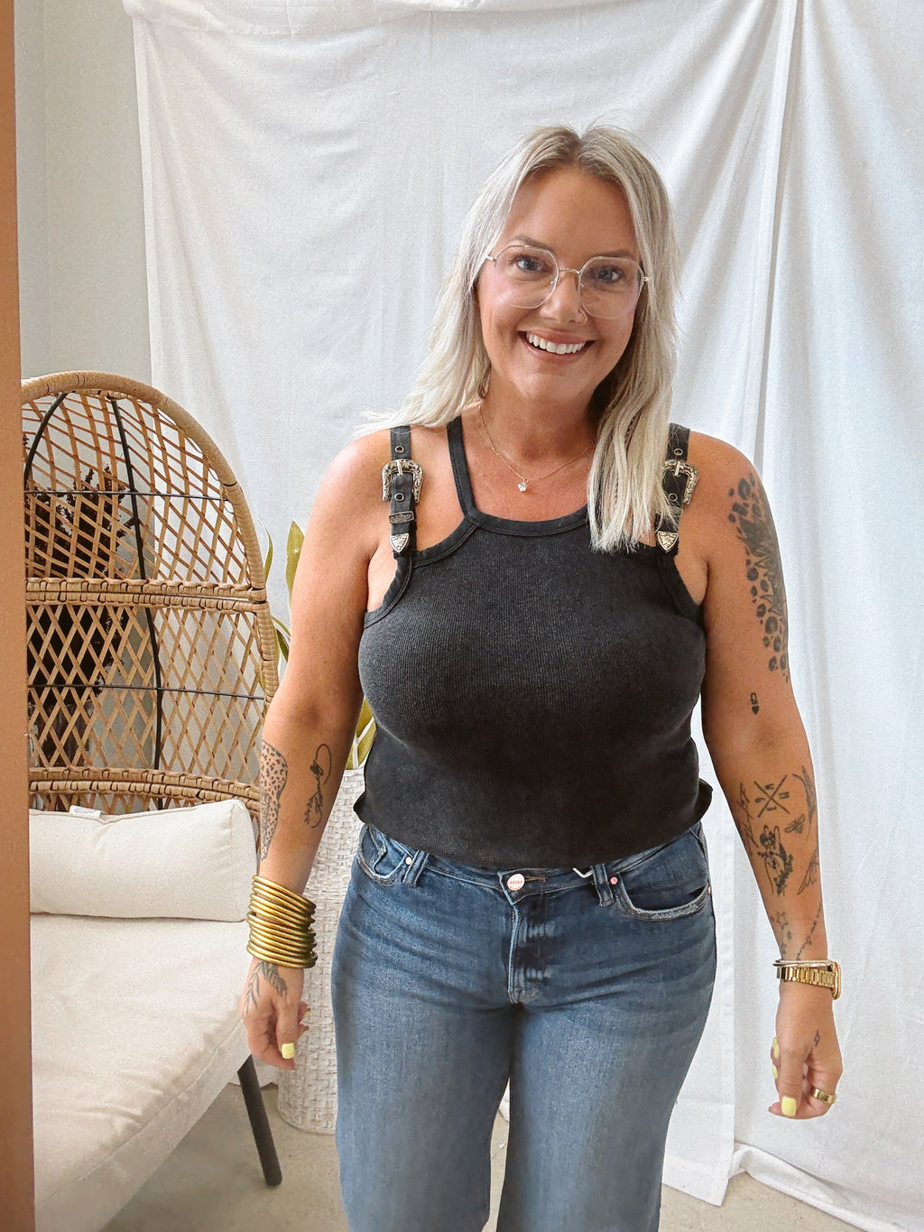 Washed Black Double Strap Buckle Tank